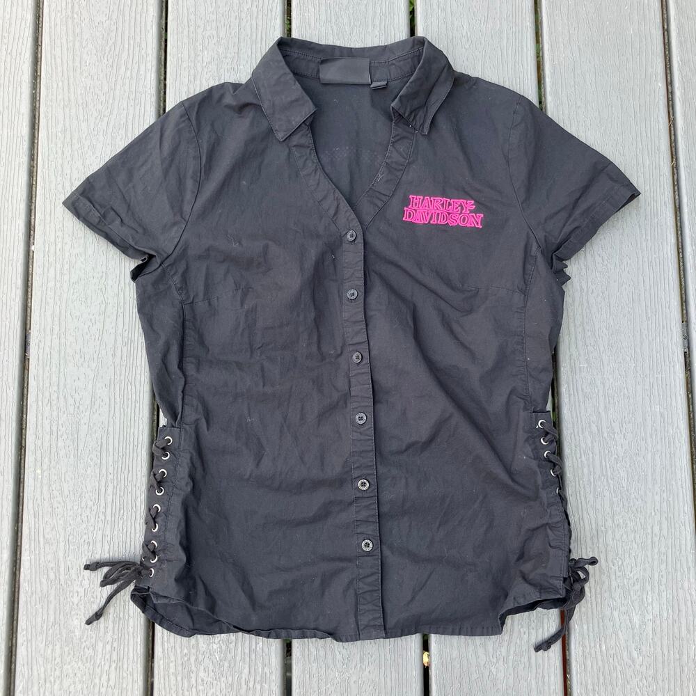 Harley-Davidson black pink skull rhinestone studded shirt with lace up sides Y2K